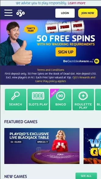 PlayOjO Casino app screenshot