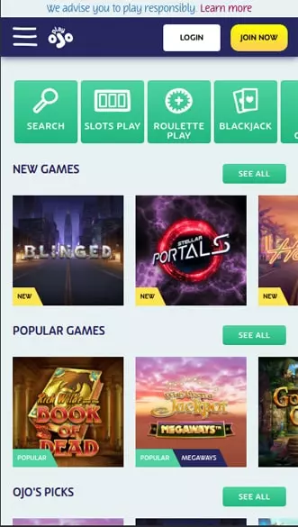 PlayOjO Casino app screenshot