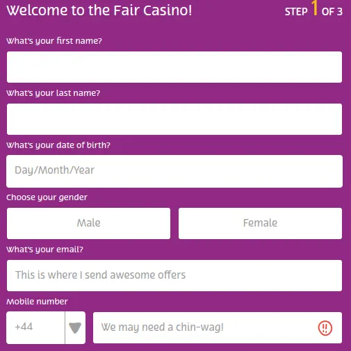 Registering at Online Casino step 1