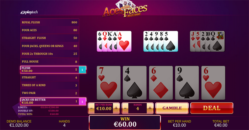 Playing four hands in Playtech’s multi-hand version of Aces and Faces