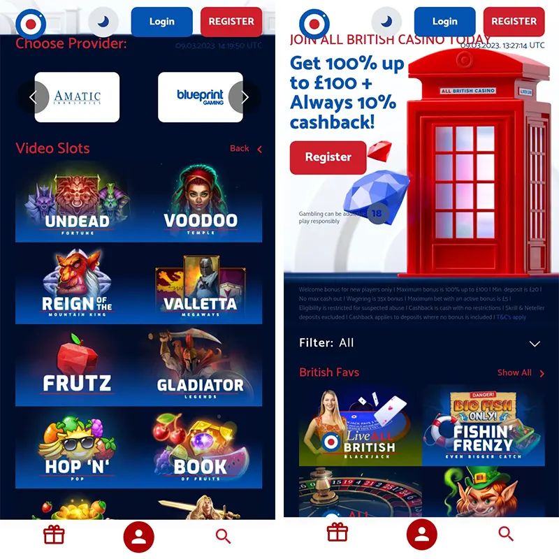 The mobile lobby of All British Casino Casino