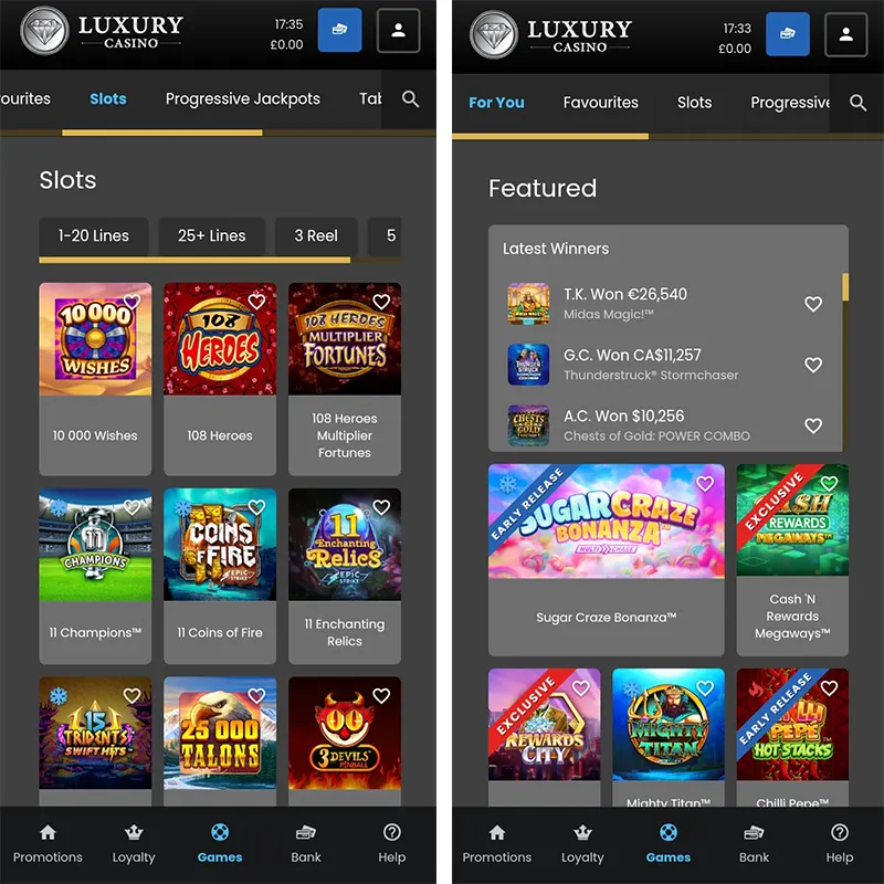 The mobile lobby of Luxury Casino