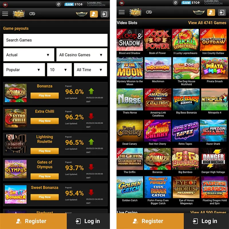 The mobile lobby of Videoslots Casino